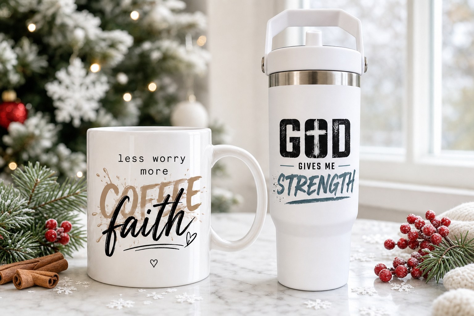 Less Worry mug and God Gives Me Strength tumbler styled on a marble counter with pine and berries for Christmas